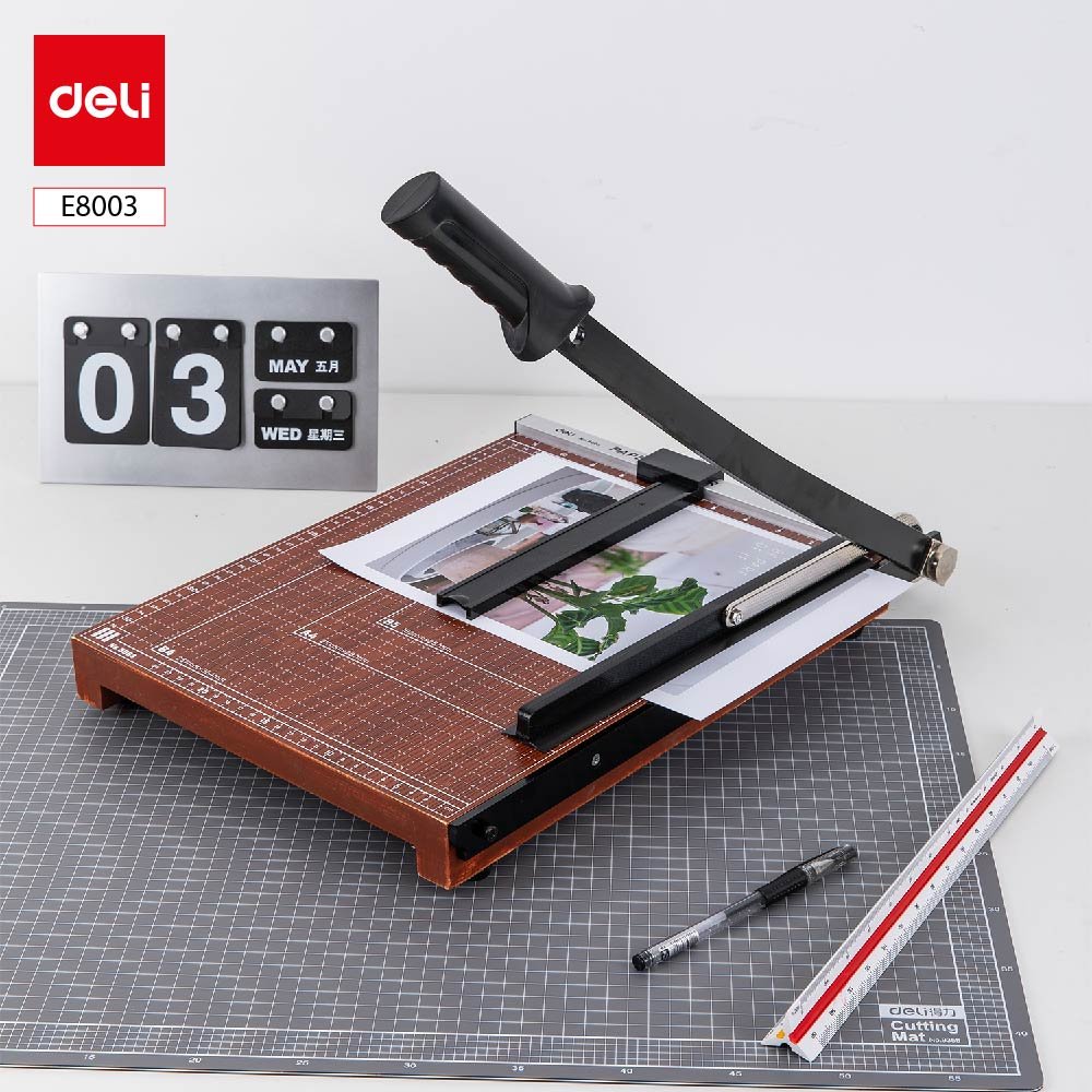 E8003_10 ديلي مقطع ورق طبلية خشب سكين معدن - قياس B4 - مقبض وقفل حماية - بني - E8003
